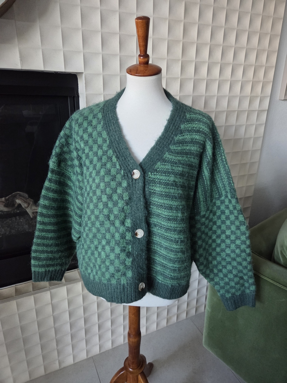 RAGA Anthropologie Emerald City Cardigan Green Vneck Button Checkered Stripes 1X - Picture 3 of 8